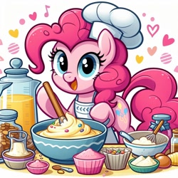 Size: 1024x1024 | Tagged: safe, ai content, artist:user15432, derpibooru import, generator:bing image creator, generator:dall-e 3, machine learning generated, pinkie pie, earth pony, pony, g4, apron, baking, batter, bowl, cake batter, candy, chef's hat, clothes, egg (food), egg beater, female, food, hat, heart, ingredients, looking at you, mare, mixing, mixing bowl, nuts, open mouth, open smile, prompter:user15432, smiling, solo