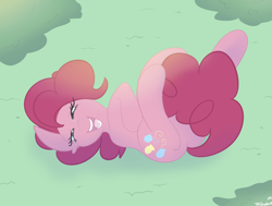 Size: 3342x2532 | Tagged: safe, artist:tkshoelace, derpibooru import, pinkie pie, earth pony, pony, g4, bush, grass, laughing, lying down, lying on the ground, on back, solo