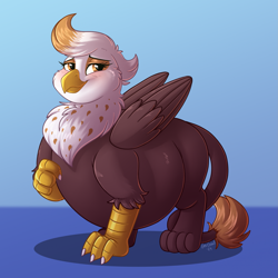 Size: 1919x1919 | Tagged: safe, artist:sugaryviolet, derpibooru import, oc, oc only, oc:macchiato (griffon), griffon, adorafatty, belly, big belly, blushing, chubby cheeks, cute, fat, female, griffon oc, looking at you, round belly, simple background, smiling, smiling at you, solo, standing