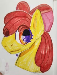Size: 1536x2000 | Tagged: safe, artist:drathia, derpibooru import, apple bloom, earth pony, pony, bust, eye clipping through hair, female, filly, foal, looking at you, photo, portrait, simple background, smiling, smiling at you, solo, traditional art, white background