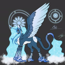 Size: 2048x2048 | Tagged: safe, artist:arcticsaiyan, derpibooru import, oc, oc:queen glacious, alicorn, g4, coat markings, cracked horn, glowing, glowing eyes, glowing mane, halo, horn, ice, leonine tail, snow, snowflake, socks (coat marking), solo, tail, water mane