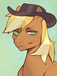 Size: 1560x2100 | Tagged: safe, artist:kuroikamome, derpibooru import, oc, oc only, oc:calamity, pegasus, pony, fallout equestria, brown coat, fedora, green eyes, hat, looking at you, male, orange coat, simple background, smiling, solo, stallion, striped mane, yellow mane