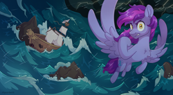 Size: 2560x1400 | Tagged: safe, artist:skysorbett, derpibooru import, oc, oc only, oc:sea wave, pegasus, pony, angry, boat, broken, fist, flying, lightning, looking at you, male, ocean, pegasus oc, rain, rock, ship, solo, spread wings, stallion, storm, thunder, water, wave, wings