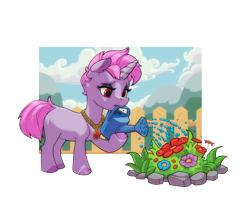 Size: 2500x2000 | Tagged: safe, artist:gor1ck, derpibooru import, oc, oc only, oc:samantha mosely, unicorn, commission, female, fence, flower, horn, jewelry, necklace, simple background, solo, transparent background, watering can, ych result