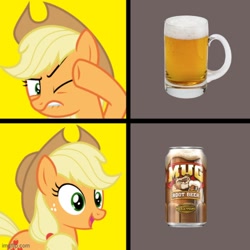 Size: 500x500 | Tagged: safe, derpibooru import, applejack, earth pony, g4, beer mug, drink, hotline bling, imgflip, meme, root beer, solo