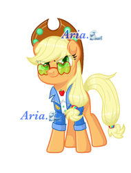 Size: 2419x3187 | Tagged: safe, alternate version, artist:shangshanruoshui24400, derpibooru import, applejack, earth pony, pony, g4, applejack's festival hat, applejack's sunglasses, clothes, female, mare, music festival outfit, simple background, solo, sunglasses, text, white background