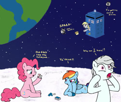 Size: 990x834 | Tagged: safe, artist:muffinsforever, derpibooru import, derpy hooves, pinkie pie, rainbow dash, earth pony, pegasus, g4, crossover, doctor who, earth, food, moon, muffin, playing card, portal (valve), portal 2, space, space core, stars, tardis, wheatley