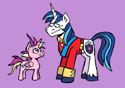 Size: 1770x1250 | Tagged: safe, artist:heckoffmate, derpibooru import, princess cadance, shining armor, alicorn, pony, unicorn, g4, blushing, clothes, duo, duo male and female, female, folded wings, height difference, horn, male, mare, meme, messy mane, messy tail, role reversal, shiningcadance, shipping, simple background, size difference, smaller female, smiling, stallion, straight, subverted meme, tail, the bride and the ugly ass groom, uniform, wings