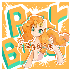 Size: 2000x2000 | Tagged: safe, artist:长海, derpibooru import, pear butter, earth pony, pony, g4, chinese, female, flower, flower in hair, mare, orange background, raised hoof, raised leg, simple background, text