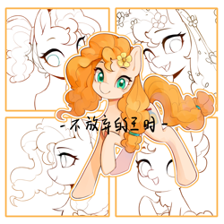Size: 2000x2000 | Tagged: safe, alternate version, artist:长海, derpibooru import, pear butter, earth pony, pony, g4, baby, baby pony, chinese, female, filly, flower, flower in hair, foal, mare, raised hoof, raised leg, teenager, text, younger