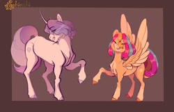 Size: 1985x1276 | Tagged: safe, artist:sabiwabii, derpibooru import, oc, oc:moonstone, oc:party favor, pegasus, pony, unicorn, border, brown background, coat markings, duo, duo female, eye clipping through hair, eyebrows, eyebrows visible through hair, eyes closed, female, height difference, horn, magical lesbian spawn, mare, offspring, open mouth, open smile, pale belly, parent:pinkie pie, parent:rainbow dash, parents:pinkiedash, simple background, smiling, socks (coat marking), spread wings, wings
