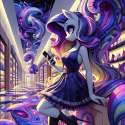 Size: 1024x1024 | Tagged: safe, ai content, derpibooru import, machine learning generated, rarity, anthro, unicorn, g4, abstract, adorasexy, belt, boots, breasts, cellphone, clothes, cute, dress, female, hallway, high heels, horn, leaning, mysterious, phone, prompter:horselover fat, reasonably sized breasts, sexy, shiny, shoes, side view, solo, surreal, weird