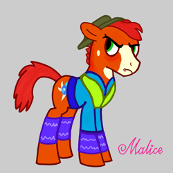 Size: 2048x2048 | Tagged: safe, artist:malice-may, derpibooru import, oc, oc only, oc:peacock proud, earth pony, pony, g4, chemistry, clothes, cutie mark, earth pony oc, farmer, green eyes, hat, male, miner, orange coat, red hair, redhead, shirt, simple background, solo, stallion