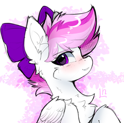 Size: 7000x6937 | Tagged: safe, artist:lunylin, derpibooru import, oc, oc only, oc:perfect rays, pegasus, pony, bow, bust, chest fluff, colored wings, female, hair bow, looking at you, side view, simple background, solo, wings