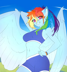 Size: 1280x1369 | Tagged: safe, artist:just_gray-x, derpibooru import, rainbow dash, anthro, pegasus, g4, abs, ambiguous facial structure, arm behind head, belly button, breasts, clothes, eye clipping through hair, large wings, looking at you, low angle, midriff, muscles, outdoors, rainboob dash, rainbuff dash, shorts, smiling, smiling at you, sports bra, sports shorts, spread wings, stupid sexy rainbow dash, wings, wristband