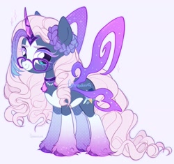 Size: 1877x1761 | Tagged: safe, artist:catusawa, derpibooru import, oc, oc only, oc:cassiopeia, auroricorn, pony, unicorn, blaze (coat marking), choker, closed mouth, coat markings, colored eyelashes, colored hooves, crystal horn, curly hair, curly tail, eyebrows, facial markings, fairy wings, female, glasses, gradient legs, gradient mane, high res, horn, jewelry, long fetlocks, looking up, mare, pale belly, simple background, sketch, smiling, socks (coat marking), solo, standing, tail, teal eyes, unshorn fetlocks, white belly, wings