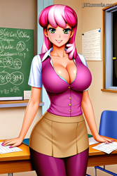 Size: 768x1152 | Tagged: safe, ai content, derpibooru import, generator:stable diffusion, machine learning generated, cheerilee, human, g4, absolute cleavage, big breasts, blouse, breasts, chalkboard, chestilee, cleavage, clothes, curvy, desk, female, humanized, leggings, looking at you, prompter:daveman1000, school, shirt, skirt, smiling, solo, undershirt
