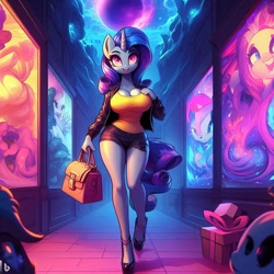 Size: 1024x1024 | Tagged: safe, ai content, derpibooru import, machine learning generated, rarity, anthro, unicorn, g4, adorasexy, bag, big breasts, breasts, cleavage, clothes, curvy, cute, female, female focus, hallway, handbag, high heels, horn, hourglass figure, jacket, looking at you, mysterious, open mouth, present, prompter:horselover fat, purse, raritits, sexy, shoes, shorts, smiling, smiling at you, solo focus, surreal, tanktop, tiled floor, walking, walking towards you, weird, wide hips
