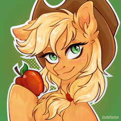 Size: 3072x3072 | Tagged: safe, artist:redjester, derpibooru import, applejack, earth pony, pony, g4, apple, applejack's hat, chest fluff, clothes, cowboy hat, ear fluff, ears, female, food, freckles, green background, green eyes, hat, icon, mare, simple background, solo