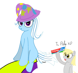 Size: 955x894 | Tagged: artist needed, source needed, safe, derpibooru import, derpy hooves, trixie, pegasus, pony, unicorn, g4, clothes, colgate (company), duo, hat, horn, silly, simple background, trixie's hat, white background