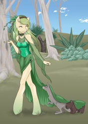 Size: 600x849 | Tagged: safe, artist:baby-blue-bell, derpibooru import, oc, oc only, anthro, earth pony, unguligrade anthro, ^^, animal, bodice, choker, clothes, dress, eyes closed, female, gradient legs, grass, headband, leaves, leaves in hair, mare, skinny, thin, tree, unnamed oc