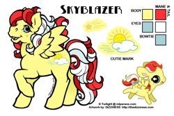 Size: 600x400 | Tagged: safe, artist:dizziness, derpibooru import, oc, oc only, oc:skyblazer, pegasus, pony, g1, 2010, bow, cheek cutie mark, chibi, color palette, commission, female, mare, mlp arena, open mouth, open smile, pegasus oc, raised hoof, raised leg, reference sheet, simple background, smiling, solo, spread wings, standing, tail, tail bow, white background, wings