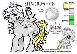 Size: 600x424 | Tagged: safe, artist:dizziness, derpibooru import, oc, oc only, oc:silvermoon, pegasus, pony, g1, 2010, bow, chibi, color palette, commission, crown, female, jewelry, mare, mlp arena, pegasus oc, reference sheet, regalia, simple background, solo, spread wings, standing, tail, tail bow, white background, wings