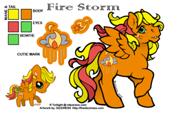 Size: 600x400 | Tagged: safe, artist:dizziness, derpibooru import, oc, oc only, oc:fire storm, pegasus, pony, g1, 2010, bow, cheek cutie mark, chibi, color palette, commission, female, mare, mlp arena, pegasus oc, raised hoof, raised leg, reference sheet, simple background, solo, spread wings, tail, tail bow, white background, wings