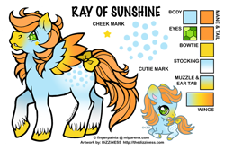 Size: 600x400 | Tagged: safe, artist:dizziness, derpibooru import, oc, oc only, oc:ray of sunshine, pegasus, pony, twinkle eyed pony, g1, 2010, appaloosa, bow, chibi, coat markings, color palette, colored hooves, colored wings, commission, female, gem eyes, gradient ears, gradient legs, gradient muzzle, gradient wings, lying down, mare, mlp arena, multicolored wings, pegasus oc, raised hoof, raised leg, reference sheet, simple background, socks (coat marking), solo, spread wings, tail, tail bow, twinkle eyed pony oc, unshorn fetlocks, white background, wings