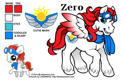 Size: 600x400 | Tagged: safe, artist:dizziness, derpibooru import, oc, oc only, oc:zero, pegasus, pony, g1, 2010, chibi, clothes, color palette, colored wings, commission, goggles, goggles on head, gradient wings, grin, male, mlp arena, pegasus oc, raised hoof, raised leg, reference sheet, scarf, simple background, smiling, solo, stallion, unshorn fetlocks, white background, wings