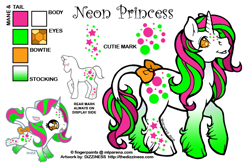 Size: 600x400 | Tagged: safe, artist:dizziness, derpibooru import, oc, oc only, oc:neon princess, pony, twinkle eyed pony, unicorn, g1, 2010, bow, chibi, cloven hooves, color palette, commission, female, freckles, gem eyes, gradient legs, horn, leonine tail, mare, mlp arena, neon, open mouth, open smile, raised hoof, raised leg, reference sheet, simple background, smiling, solo, tail, tail bow, twinkle eyed pony oc, unicorn oc, white background