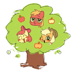 Size: 2445x2297 | Tagged: safe, artist:xiaokuai43197, derpibooru import, apple bloom, applejack, big macintosh, earth pony, pony, g4, apple, apple siblings, apple sisters, blushing, brother and sister, female, filly, foal, food, looking at you, male, mare, one eye closed, open mouth, siblings, simple background, sisters, smiling, stallion, tree, white background, wink