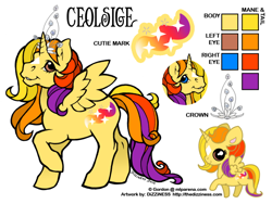 Size: 600x450 | Tagged: safe, artist:dizziness, derpibooru import, oc, oc only, oc:ceolsige, oc:twilight sun, alicorn, pony, g1, 2010, alicorn oc, chibi, coat markings, color palette, commission, crown, facial markings, female, heterochromia, horn, jewelry, mare, mlp arena, raised hoof, raised leg, reference sheet, regalia, simple background, solo, standing, star (coat marking), white background, wings