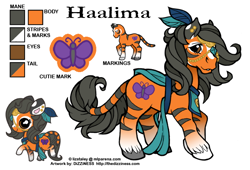 Size: 600x408 | Tagged: safe, artist:dizziness, derpibooru import, oc, oc only, oc:haalima, hybrid, original species, pony, tiger, g1, 2010, chibi, clothes, color palette, colored ears, colored hooves, commission, ear piercing, earring, feather, female, gradient legs, jewelry, leonine tail, mare, mlp arena, piercing, raised hoof, raised leg, reference sheet, simple background, solo, stripes, tail, tiger pony, unshorn fetlocks, white background