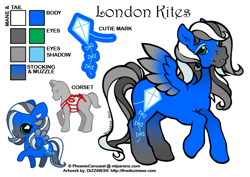 Size: 600x425 | Tagged: safe, artist:dizziness, derpibooru import, oc, oc only, oc:london kites, pegasus, pony, g1, 2010, chibi, clothes, color palette, colored wings, commission, corset, eyeshadow, female, gradient legs, gradient muzzle, gradient wings, makeup, mare, mlp arena, pegasus oc, raised hoof, raised leg, reference sheet, simple background, solo, spread wings, white background, wings