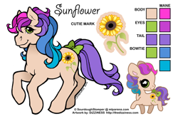 Size: 600x400 | Tagged: safe, artist:dizziness, derpibooru import, oc, oc only, oc:sunflower (sourdoughstomper), earth pony, pony, g1, 2010, bow, chibi, color palette, commission, earth pony oc, female, head turn, mare, mlp arena, raised hoof, raised leg, reference sheet, simple background, solo, tail, tail bow, white background