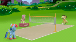 Size: 654x368 | Tagged: safe, derpibooru import, screencap, applejack, fluttershy, rainbow dash, earth pony, pegasus, pony, g4, g4.5, my little pony: stop motion short, volleyball game between rainbow dash and applejack, ><, animated, ball, blowing whistle, cute, eyes closed, gif, puffy cheeks, rainbow dashs coaching whistle, referee, referee fluttershy, sand, scoreboard, shyabetes, sports, volleyball, volleyball net, whistle, whistle necklace, whistle thief