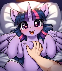 Size: 3320x3792 | Tagged: safe, ai content, derpibooru import, generator:pony diffusion v6 xl, generator:stable diffusion, machine learning generated, twilight sparkle, twilight sparkle (alicorn), alicorn, human, pony, g4, bed, belly, bellyrubs, blush lines, blushing, cheek fluff, chest fluff, cute, ear fluff, ears, female, fluffy, hand, heart, heart eyes, high res, horn, human on pony petting, looking at you, lying down, lying on bed, mare, offscreen character, offscreen human, on back, on bed, open mouth, open smile, petting, prompter:midnight dashie, smiling, smiling at you, solo, spread arms, spread legs, spread wings, spreading, teeth, twiabetes, wingding eyes