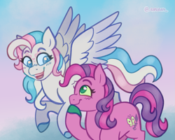 Size: 1215x972 | Tagged: safe, artist:_rarerayy_, derpibooru import, skywishes, star catcher, earth pony, pegasus, dancing in the clouds, g3, couple, digital art, duo, duo female, female, happy, mare