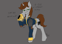 Size: 4961x3508 | Tagged: safe, artist:mekblue, derpibooru import, oc, oc only, oc:littlepip, unicorn, fallout equestria, clothes, female, high res, horn, jumpsuit, looking at you, mare, pimp-boy 3 billion, pipbuck, smug, solo, sternocleidomastoid, sweat, unicorn oc, vault security armor, vault suit