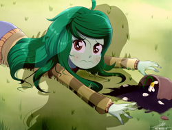 Size: 2634x2004 | Tagged: safe, artist:the-butch-x, derpibooru import, wallflower blush, human, equestria girls, g4, 2d, apu spills his tendies, clothes, crying, cute, fallen, female, flower, flower pot, flowerbetes, hand on hip, implied sunset shimmer, long sleeves, looking up, lying down, lying on the ground, meme, outdoors, pants, plant, prone, sad, sad face, sadorable, shadow, solo, sweater, teary eyes, turtleneck