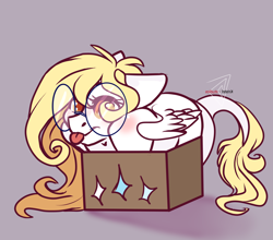 Size: 4608x4064 | Tagged: safe, artist:krissstudios, derpibooru import, oc, oc:sally lovely, pegasus, pony, box, female, glasses, gray background, mare, pony in a box, simple background, solo, tongue, tongue out