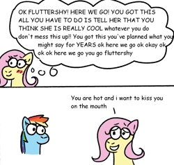 Size: 732x697 | Tagged: safe, artist:zoeyhorse, derpibooru import, fluttershy, rainbow dash, pegasus, pony, g4, comic, dialogue, doodle, female, flutterdash, lesbian, mare, shipping, simple background, speech bubble, thought bubble, white background