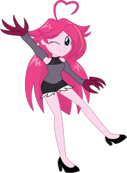 Size: 2824x3856 | Tagged: safe, artist:sketchmcreations, derpibooru import, pinkie pie, human, equestria girls, g4, ahoge, alternate hairstyle, claws, clothes, detached sleeves, female, friday night funkin', high heels, looking at you, one eye closed, raised arm, reference, shoes, shorts, shoulderless, simple background, smiling, transparent background, vector