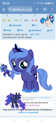 Size: 720x1600 | Tagged: safe, artist:hiddleston-hiddlestoff, derpibooru import, screencap, dj pon-3, princess luna, vinyl scratch, alicorn, pony, unicorn, april fools, april fools 2024, derpibooru, female, filly, foal, horn, meta, s1 luna, self paradox, self ponidox, woona, younger