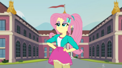 Size: 1024x573 | Tagged: safe, alternate version, artist:enterusxrname, derpibooru import, fluttershy, equestria girls, g4, canterlot high, clothes, female, pink skirt, ponytail, show accurate, signature, skirt, solo