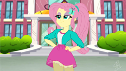 Size: 800x451 | Tagged: safe, alternate version, artist:enterusxrname, derpibooru import, fluttershy, equestria girls, g4, canterlot high, clothes, female, ponytail, signature, skirt, solo