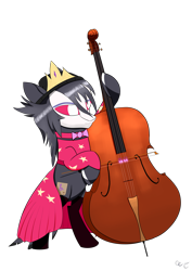 Size: 4961x7016 | Tagged: safe, alternate version, artist:пшеница, derpibooru exclusive, derpibooru import, demon, earth pony, pony, bipedal, cello, clothes, cutie mark, dress, female, fire, hat, jewelry, magic, musical instrument, name pun, namesake, octavia (helluva boss), parchment, ponified, pun, regalia, simple background, socks, solo, species swap, tiara, transparent background, visual pun