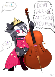 Size: 4961x7016 | Tagged: safe, alternate version, artist:пшеница, derpibooru exclusive, derpibooru import, octavia melody, princess celestia, twilight sparkle, demon, earth pony, pony, bipedal, cello, clothes, cutie mark, dress, female, fire, hat, jewelry, magic, musical instrument, name pun, namesake, octavia (helluva boss), offscreen character, parchment, ponified, pun, regalia, simple background, socks, solo, species swap, speech bubble, tiara, transparent background, visual pun