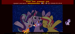 Size: 1893x868 | Tagged: safe, artist:ch-chau, derpibooru import, screencap, starlight glimmer, sunset shimmer, twilight sparkle, twilight sparkle (alicorn), alicorn, pony, unicorn, g4, april fools 2024, counterparts, cute, desktop ponies, female, horn, looking at you, mare, night, open mouth, pixel art, sky, smiling, sprite, starry night, stars, trio, twilight's counterparts